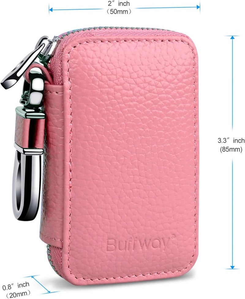 Buffway Car key Cover,Genuine Leather Car Smart Key Chain Coin Holder Metal Hook and Keyring Wallet Zipper Bag for Auto Remote Key Fob - Pink - Image 2