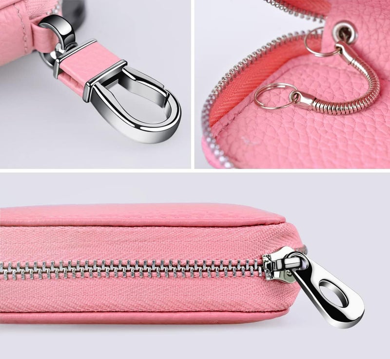 Buffway Car key Cover,Genuine Leather Car Smart Key Chain Coin Holder Metal Hook and Keyring Wallet Zipper Bag for Auto Remote Key Fob - Pink - Image 4