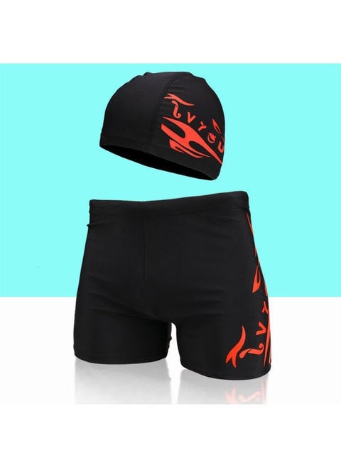 Men's Swimming Trunks And Swimming Cap Set Learning Swimming Equipment Quick-Drying Boxer Hot Spring Large Size Flame Five-Point Swimming Trunks-Color:8701 Red Label Pants + Hat-4xl (recommended Weight 85-100kg )