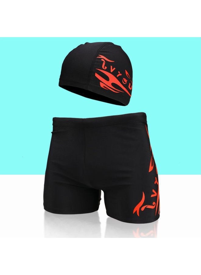 Men's Swimming Trunks And Swimming Cap Set Learning Swimming Equipment Quick-Drying Boxer Hot Spring Large Size Flame Five-Point Swimming Trunks-Color:8701 Red Label Pants + Hat-4xl (recommended Weight 85-100kg )