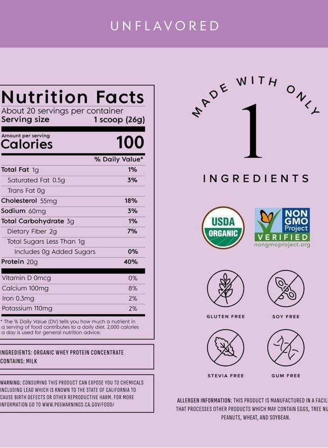 Truvani Organic Whey Protein Powder | Unflavored | 20g Grass Fed Whey Protein | 20 Servings | USDA Organic & Non-GMO | Gluten Free | No Gums, No Soy, No Stevia, No Added Sugars 18.34 oz - Image 5