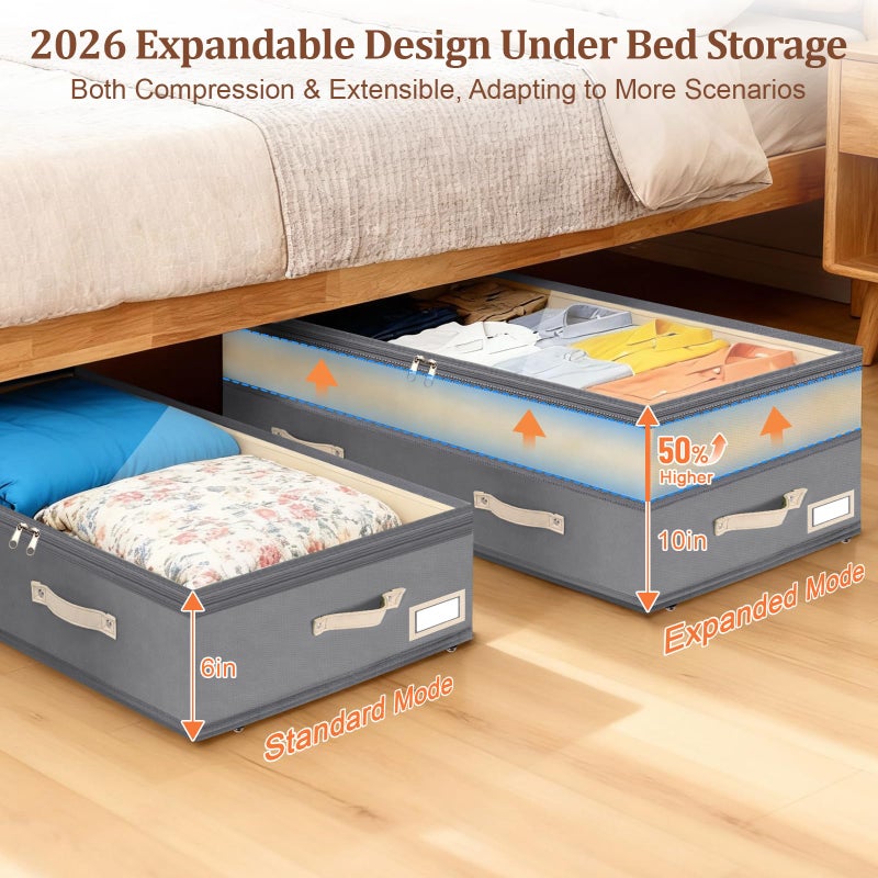 Dolicer 2 Pack Under Bed Storage with Wheels, 6in-10in Height Adjustable Underbed Storage Containers, 92L XXXL Under Bed Drawers Rolling Bin with Clear Lids for Dorm Shoes Clothes Organizers(Grey) - Image 2