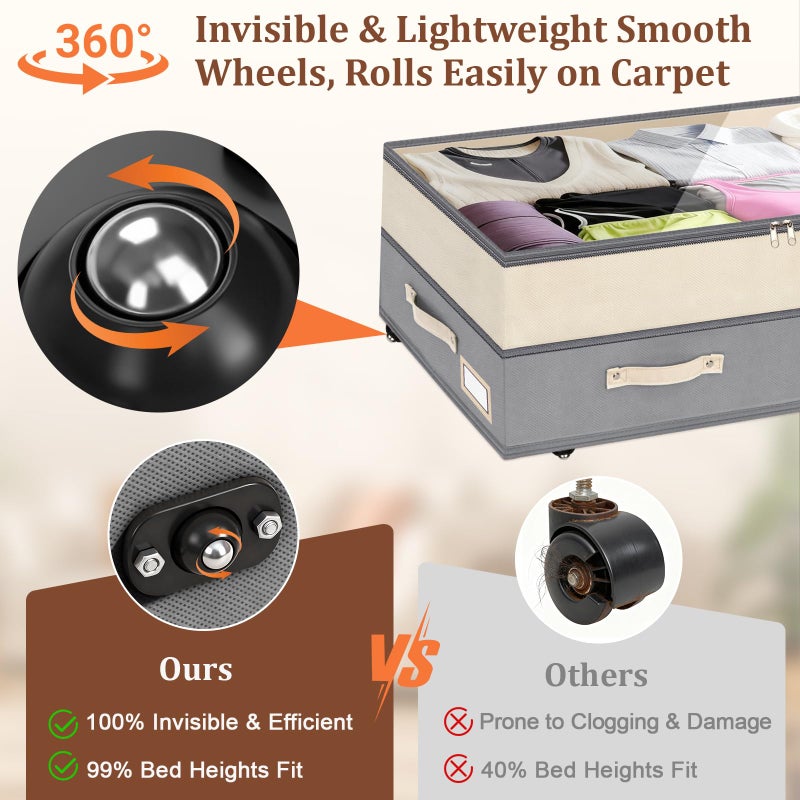 Dolicer 2 Pack Under Bed Storage with Wheels, 6in-10in Height Adjustable Underbed Storage Containers, 92L XXXL Under Bed Drawers Rolling Bin with Clear Lids for Dorm Shoes Clothes Organizers(Grey) - Image 4