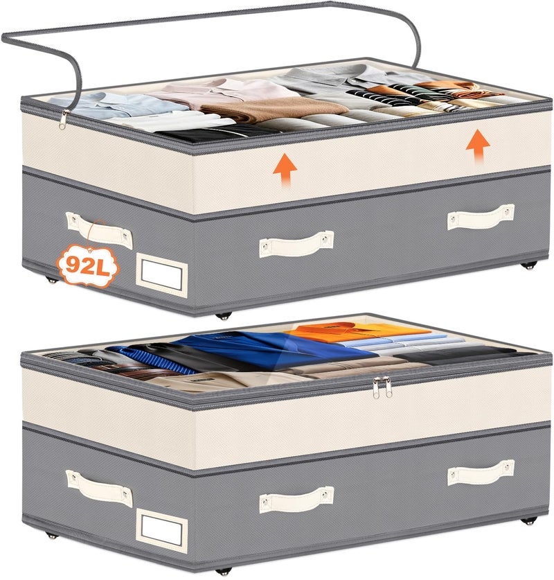 Dolicer 2 Pack Under Bed Storage with Wheels, 6in-10in Height Adjustable Underbed Storage Containers, 92L XXXL Under Bed Drawers Rolling Bin with Clear Lids for Dorm Shoes Clothes Organizers(Grey) - Image 1