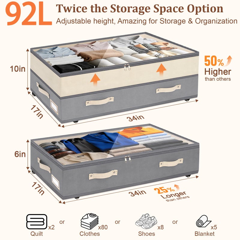 Dolicer 2 Pack Under Bed Storage with Wheels, 6in-10in Height Adjustable Underbed Storage Containers, 92L XXXL Under Bed Drawers Rolling Bin with Clear Lids for Dorm Shoes Clothes Organizers(Grey) - Image 3