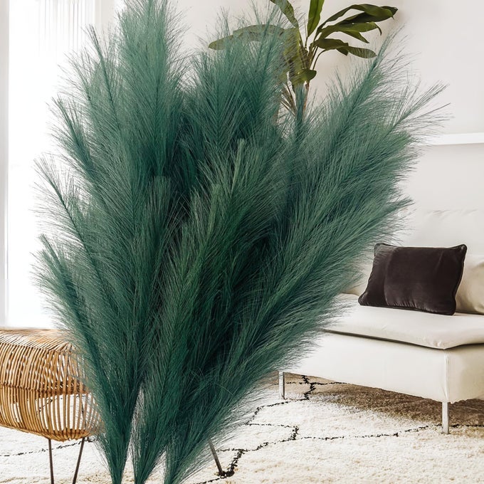 LARGE GREEN PAMPAS GRASS ARTIFICIAL FOR SAGE GREEN LIVING ROOM ACCESSORIES TALL ARTIFIFICIAL PLANTS INDOOR FOR TALL FLOOR VASE 3 X STEMS TEAL FEATHERS TEAL BEDROOM ACCESSORIES