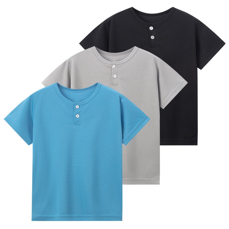 Overseas Platform For Summer Children Solid Color Button Henry Shirt Casual Boys Short-Sleeved Middle And Big Children T-Shirt - Image 2