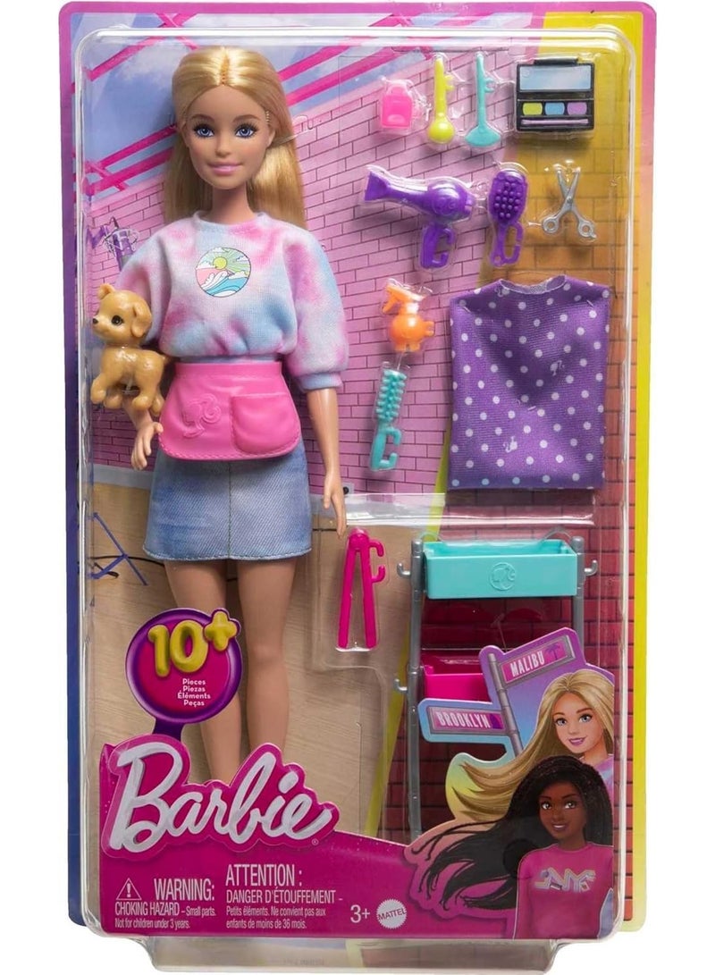 Barbie “Malibu” Stylist Doll And 14 Accessories Playset, Hair & Makeup Theme with Puppy And Styling Cart - Image 1