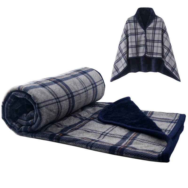 forestfish Fleece Wearable Blanket Plaid Lap Blanket Comfy Poncho Throw with Buttons for Bed Sofa Office NavyGray