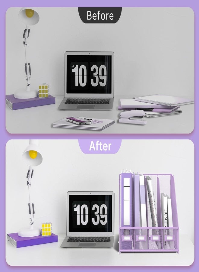 SUPEASY Magazine File Holder Desk Organizer, Metal Binder Holder with 4 Vertical Compartments for Office Home School, Purple - Image 5