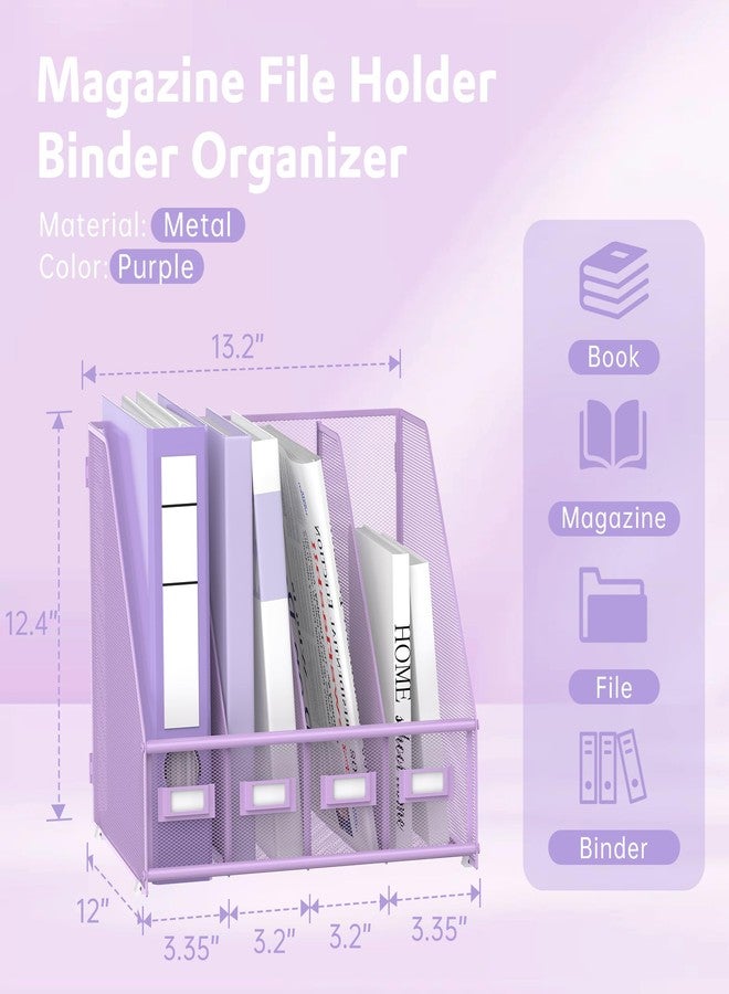 SUPEASY Magazine File Holder Desk Organizer, Metal Binder Holder with 4 Vertical Compartments for Office Home School, Purple - Image 3