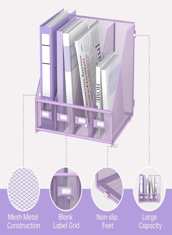 SUPEASY Magazine File Holder Desk Organizer, Metal Binder Holder with 4 Vertical Compartments for Office Home School, Purple - Image 4