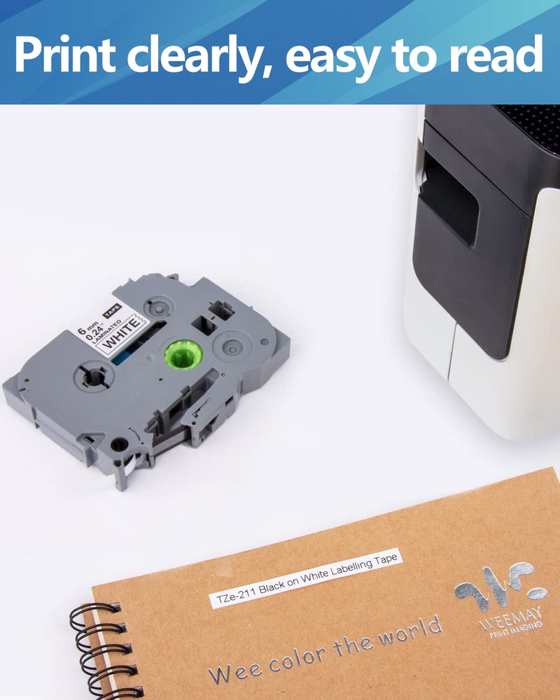 WEEMAY 6 x Weemay 6mm Label Tape Replacement for Brother Label Maker Tape 6mm 0.23 Laminated White TZ Tape TZe-211 TZe211 TZ211 TZ-211 Compatible with PT D200 D210 D400 D600 H100 H110 Printer - Image 3
