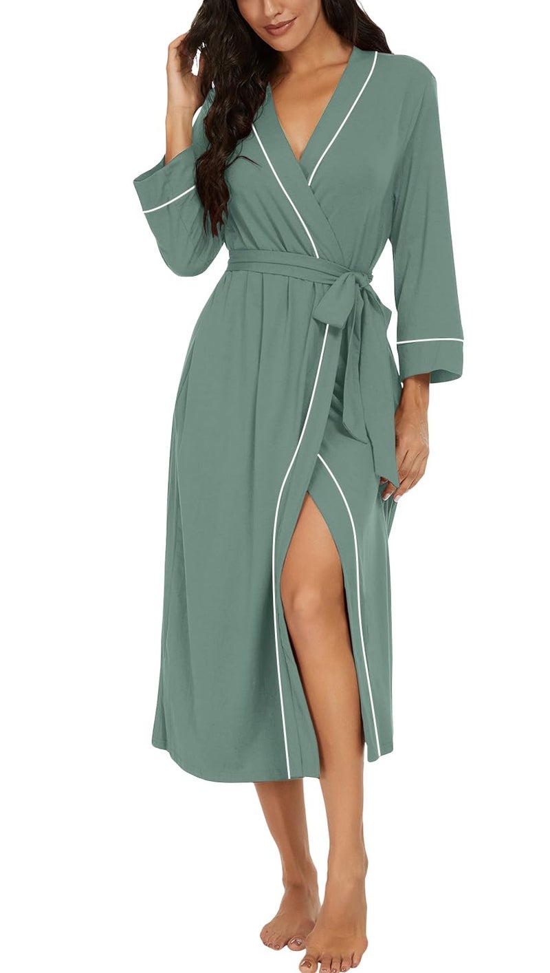 PrinStory Womens Robe Long Kint Bathrobe Lightweight Soft Robes Ladies Bath Robe Haze blue-L - Image 1