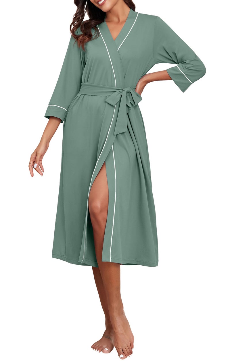 PrinStory Womens Robe Long Kint Bathrobe Lightweight Soft Robes Ladies Bath Robe Haze blue-L - Image 2