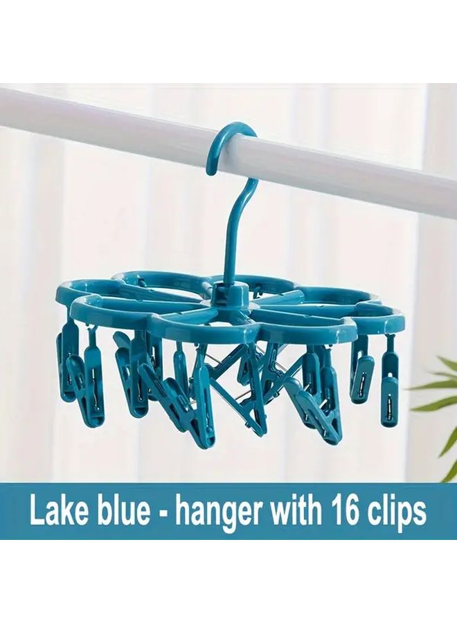 Blue 360 Degree Rotatable Sock and Bra Hanger with 16 Clips Plastic Drying Rack - Image 1