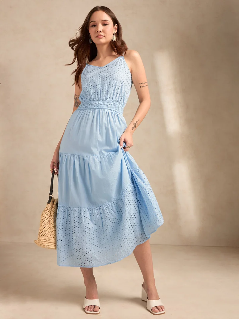 OUTZIDR Light Blue Strappy Schiffli Maxi Dress