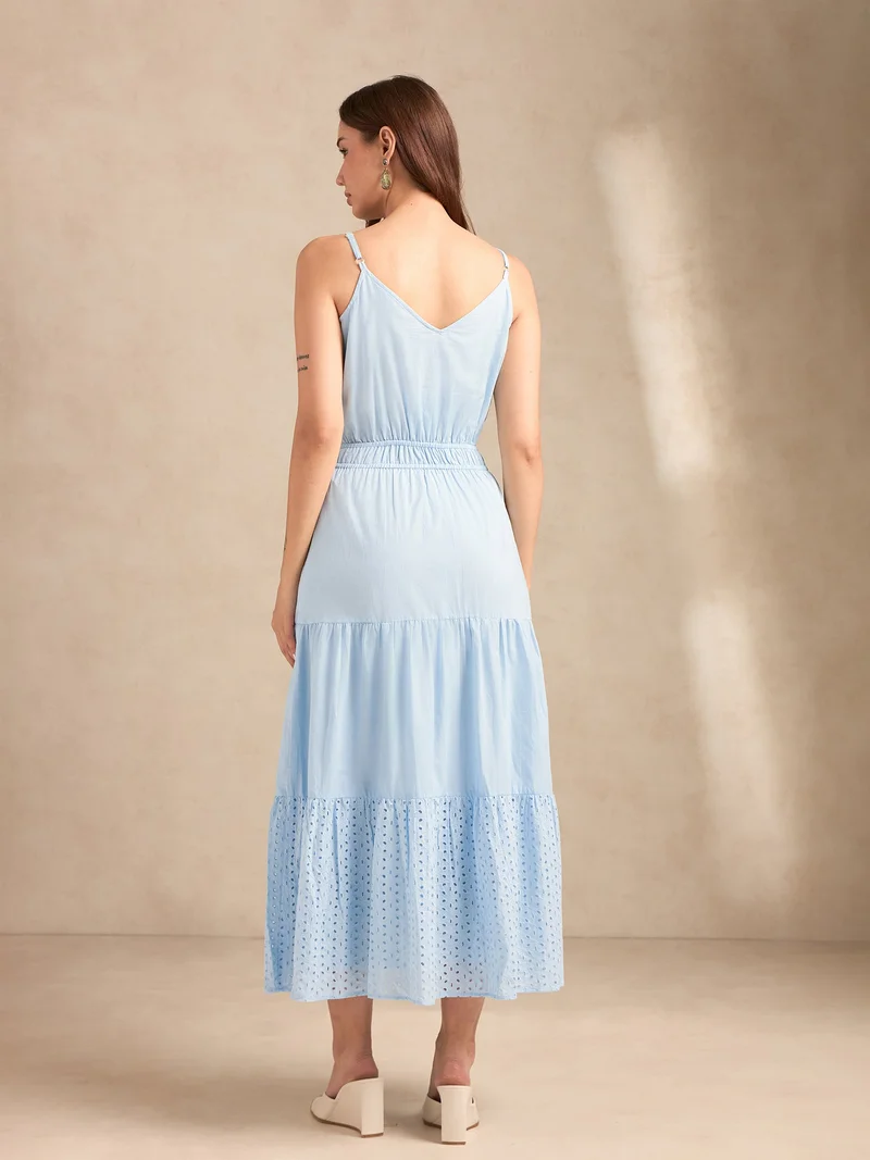 Outzidr Light Blue Light Blue Strappy Schiffli Maxi Dress for Women | Best Price UAE