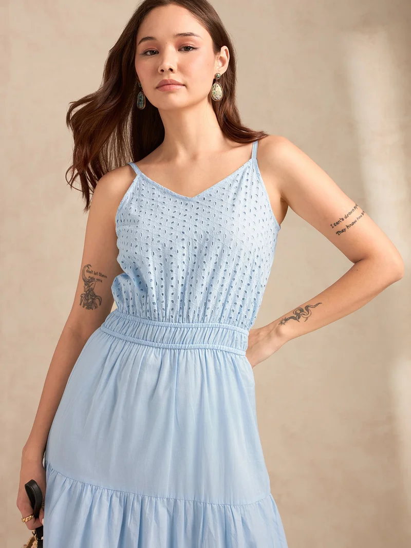 OUTZIDR Light Blue Strappy Schiffli Maxi Dress