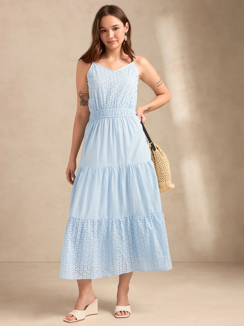 Outzidr Light Blue Light Blue Strappy Schiffli Maxi Dress for Women | Best Price UAE