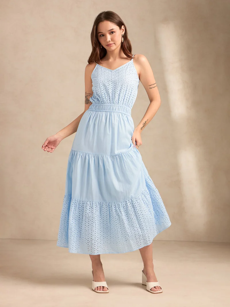 Outzidr Light Blue Light Blue Strappy Schiffli Maxi Dress for Women | Best Price UAE