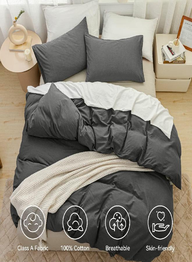 JELLYMONI Cotton Duvet Cover Twin Size - 100% Washed Cotton Linen Like Textured Comforter Cover, 2 Pieces Breathable Soft Bedding Set with Zipper Closure (Gray, Twin 68"x90") - Image 1