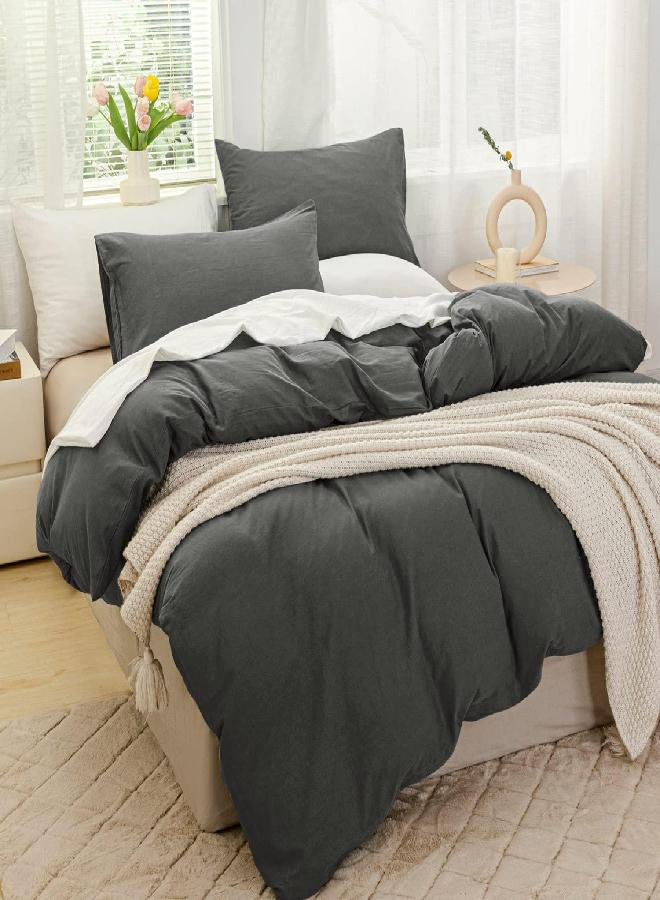 JELLYMONI Cotton Duvet Cover Twin Size - 100% Washed Cotton Linen Like Textured Comforter Cover, 2 Pieces Breathable Soft Bedding Set with Zipper Closure (Gray, Twin 68"x90") - Image 2