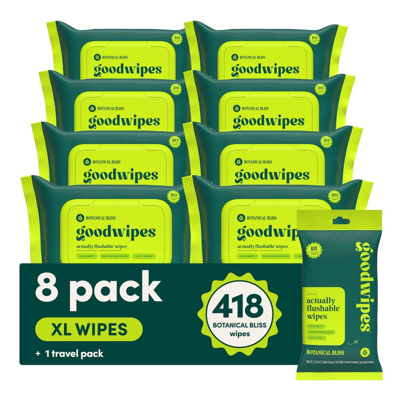 goodwipes Flushable Butt Wipes - Vitamin E & Aloe - Sewer & Septic Safe - Extra Large Adult Wet Wipes For Women & Men - Bathroom Essentials - Botanical Bliss, 418 Count (8 Packs + 1 Travel) - Image 1
