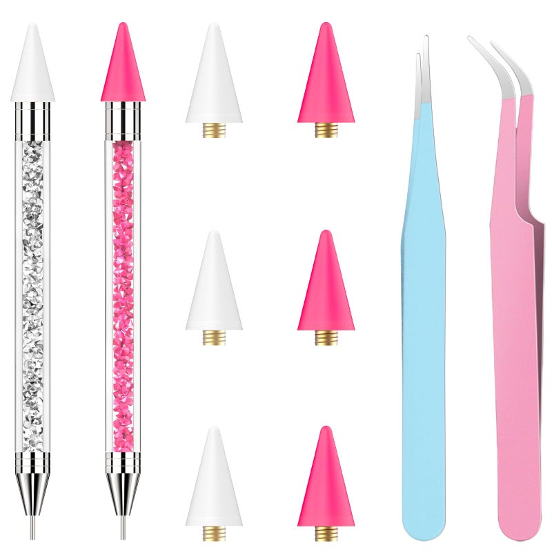 OIFEN Rhinestone Picker Tool,2 Wax Pencil for Rhinestones, Dual-Ended Rhinestone Applicator Wax Pen Gem Picker Tool with 6 Extra Wax Tips and 2 Tweezers (Pink+White) - Image 1