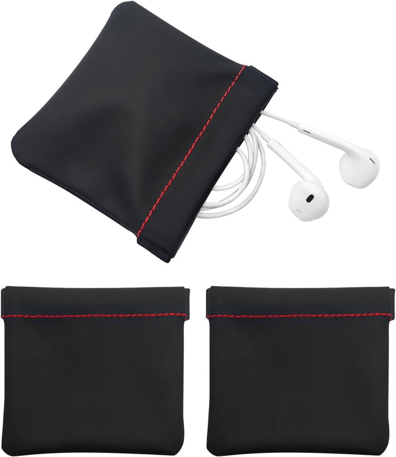 Quacc 3pcs Earphone Pouch PU Leather Headphone Storage Bag Universal Spring Bag Closure Soft Elastic Snap Spring Pouch for Storing Earphones, Coins, Keys, USB Flash Drives, Jewellery - Image 1