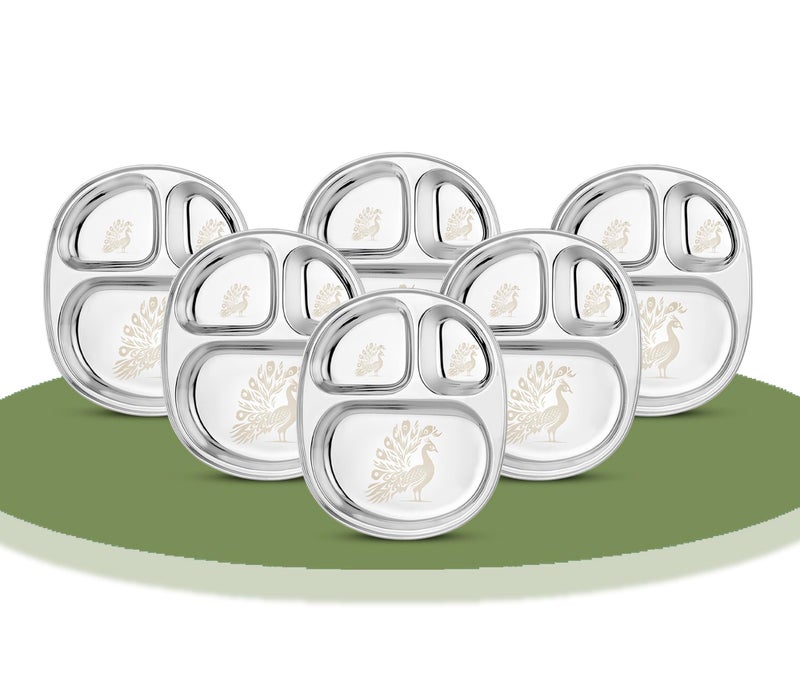 KITCHEN CLUE 304 Grade Steel 3 in 1 Compartment Dinner Plates Set Of 6 Pcs - Permanent Laser Design PEACOCK - Highly Durable & Sturdy - Steel Lunch/Dinner Plates/Bhojan Thali/Pav Bhaji Plates - Image 1