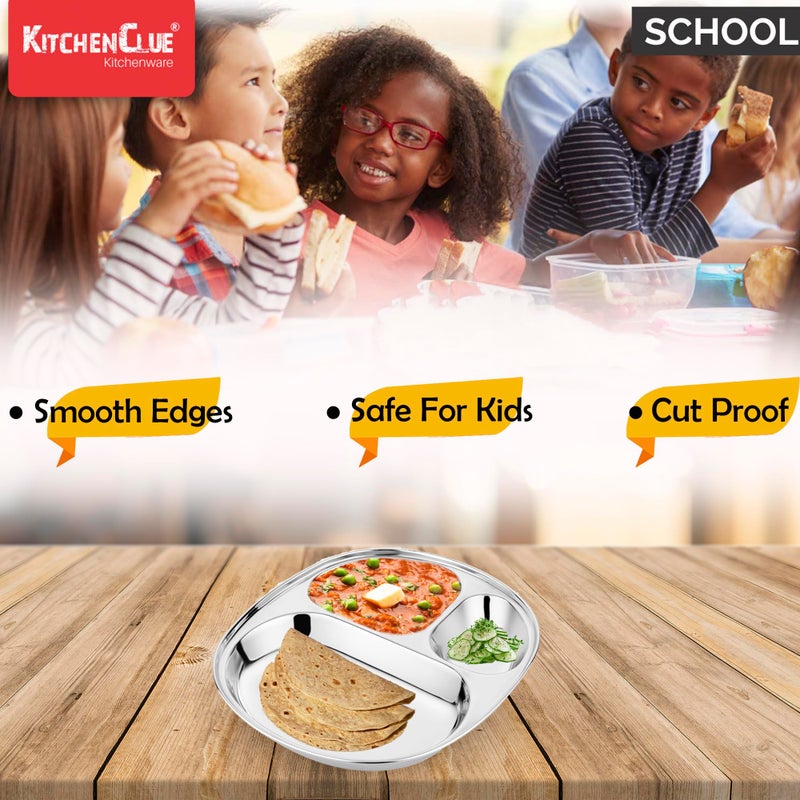 KITCHEN CLUE 304 Grade Steel 3 in 1 Compartment Dinner Plates Set Of 6 Pcs - Permanent Laser Design PEACOCK - Highly Durable & Sturdy - Steel Lunch/Dinner Plates/Bhojan Thali/Pav Bhaji Plates - Image 5