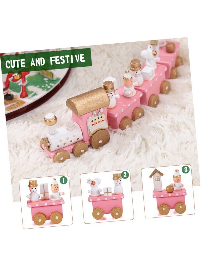 STOBOK لعبة قطار عيد الميلاد الخشبي من ستوبوك - قطار خشبي صغير - لعبة قطار وردي مع زينة رجل الثلج - زينة طاولة عيد الميلاد - مجموعة قطار عيد الميلاد المكونة من 4 أقسام - نموذج قطار للأطفال - Image 5