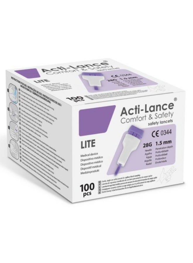 إبر اختبار آمن Acti-Lance – مقاس 28G – 100 قطعة | إبر دم معقمة للاستعمال مرة واحدة