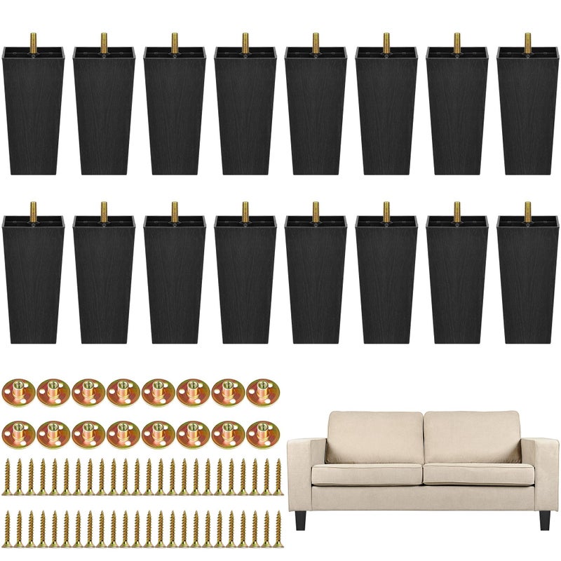 Turstin Furniture Legs Plastic Sofa Coach Legs Square Tapered Feet Sofa Legs With T-Nuts Screws For Legs Sofas Chairs Cabinets Dressers Beds, Black (16, 5.7 Inches) - Image 1