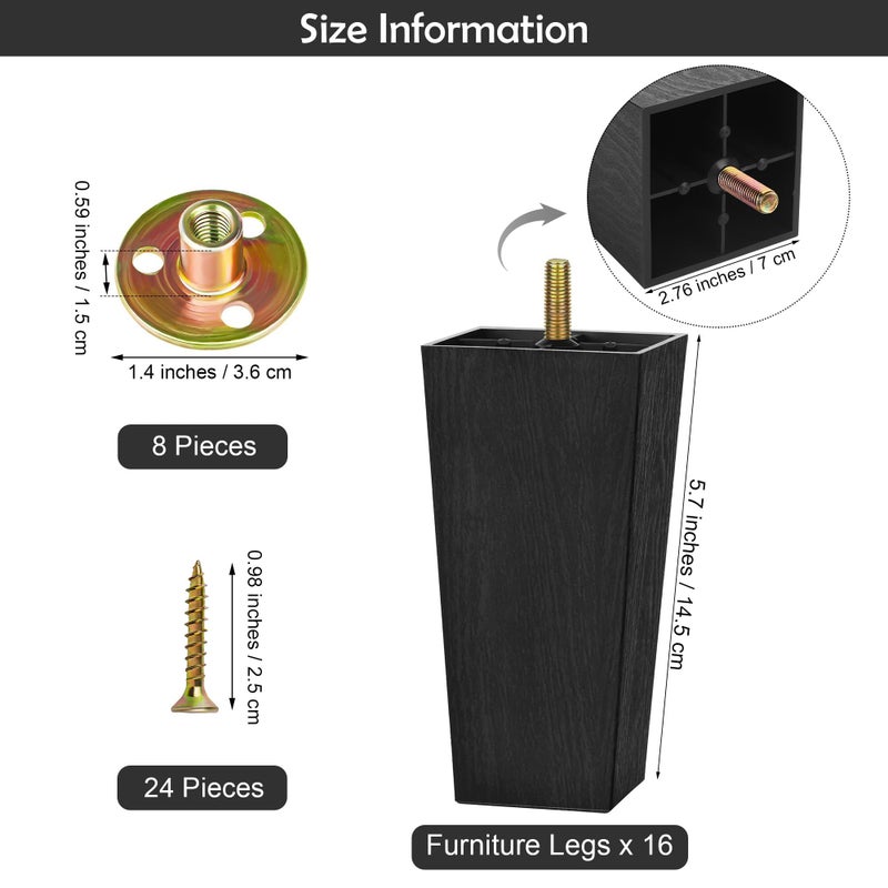 Turstin Furniture Legs Plastic Sofa Coach Legs Square Tapered Feet Sofa Legs With T-Nuts Screws For Legs Sofas Chairs Cabinets Dressers Beds, Black (16, 5.7 Inches) - Image 2