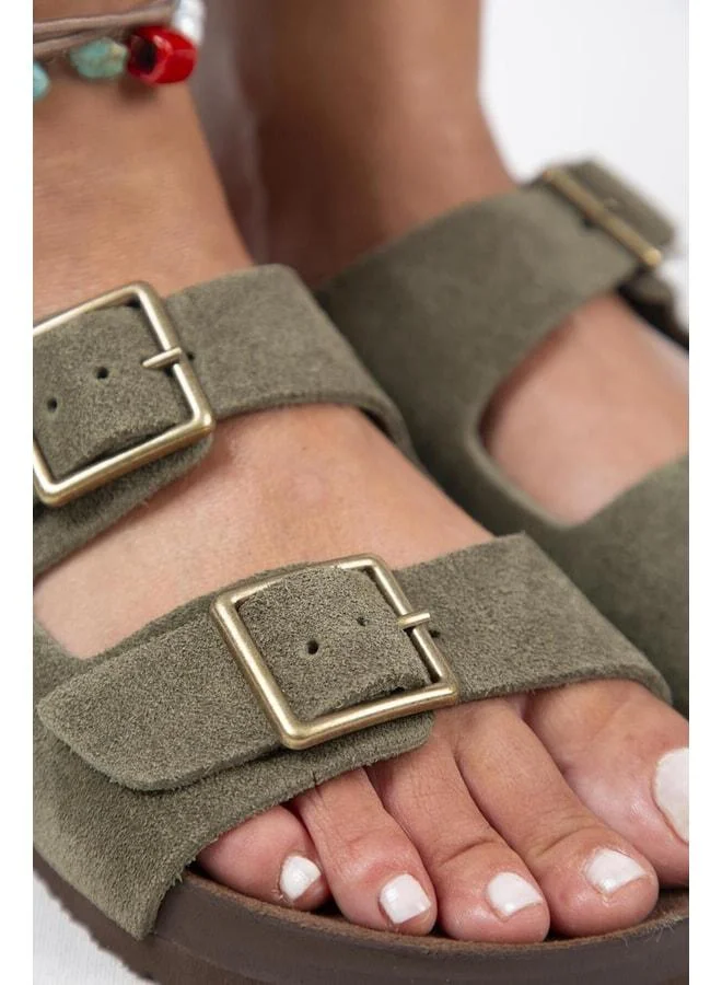 Manijero  Anlelic Women's Genuine Leather Double Buckle Khaki Slippers - Khaki for Women | Best Price UAE