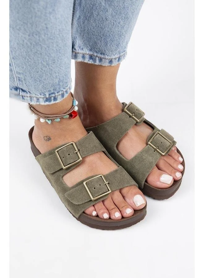 Manijero  Anlelic Women's Genuine Leather Double Buckle Khaki Slippers - Khaki for Women | Best Price UAE