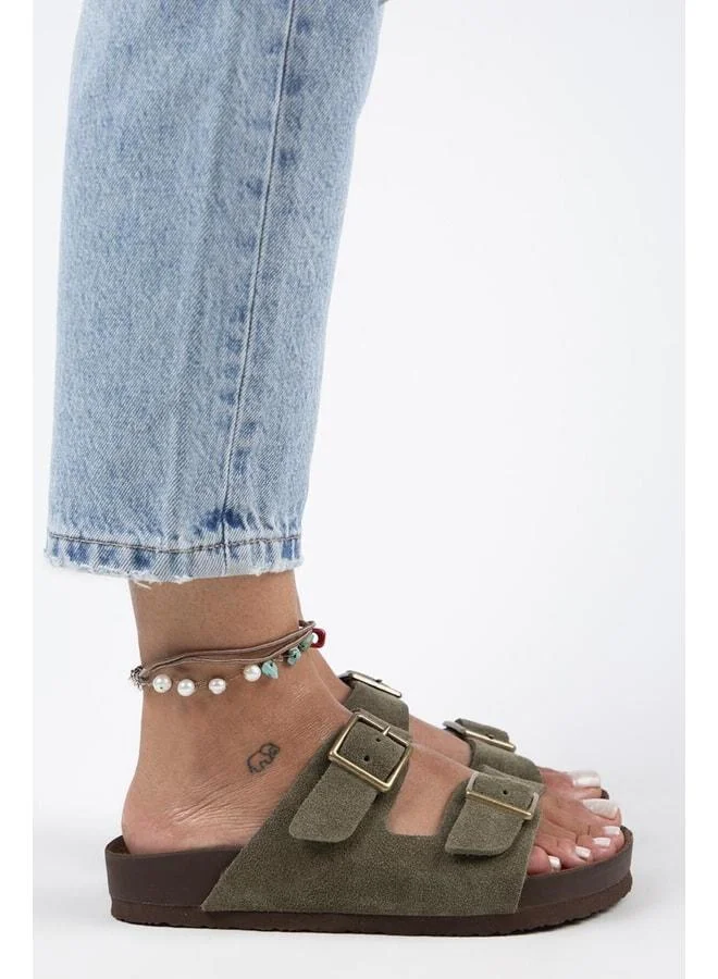 Anlelic Women's Genuine Leather Double Buckle Khaki Slippers - Khaki