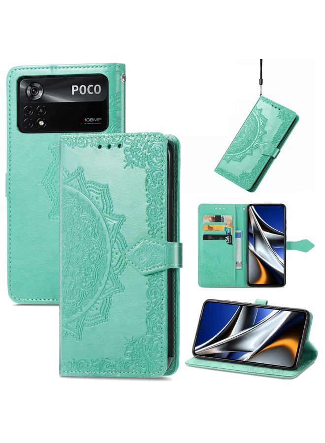 The Bros Case For Xiaomi Poco X4 Pro 5G Mandala Flower Embossed Flip Leather Phone Case