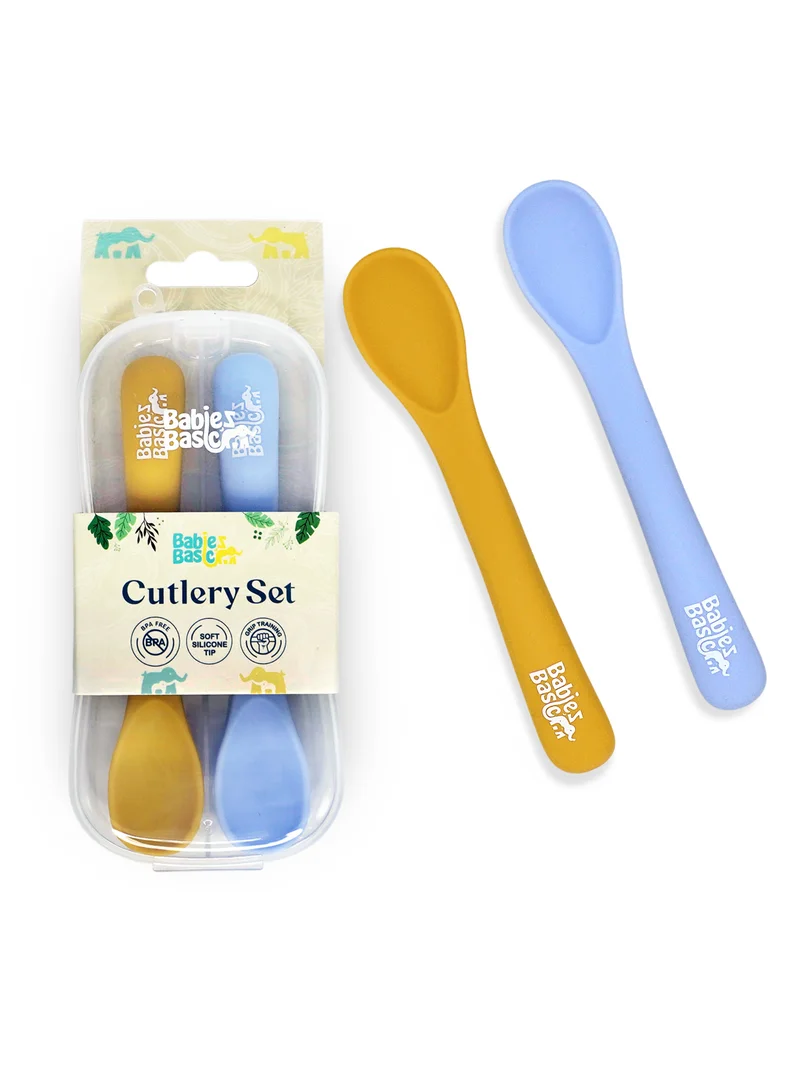 Babies Basic Babies Basic Flexible Silicone Spoon Set with travel case for kids, Yellow and Blue