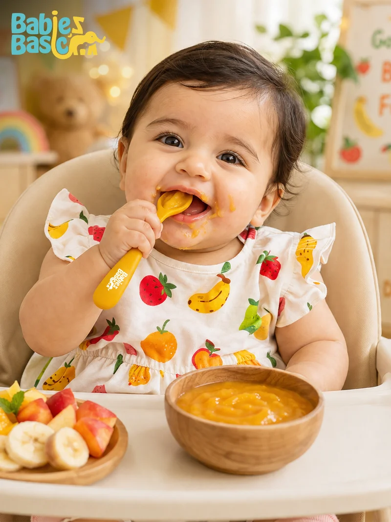 Babies Basic Babies Basic Flexible Silicone Spoon Set with travel case for kids, Yellow and Blue