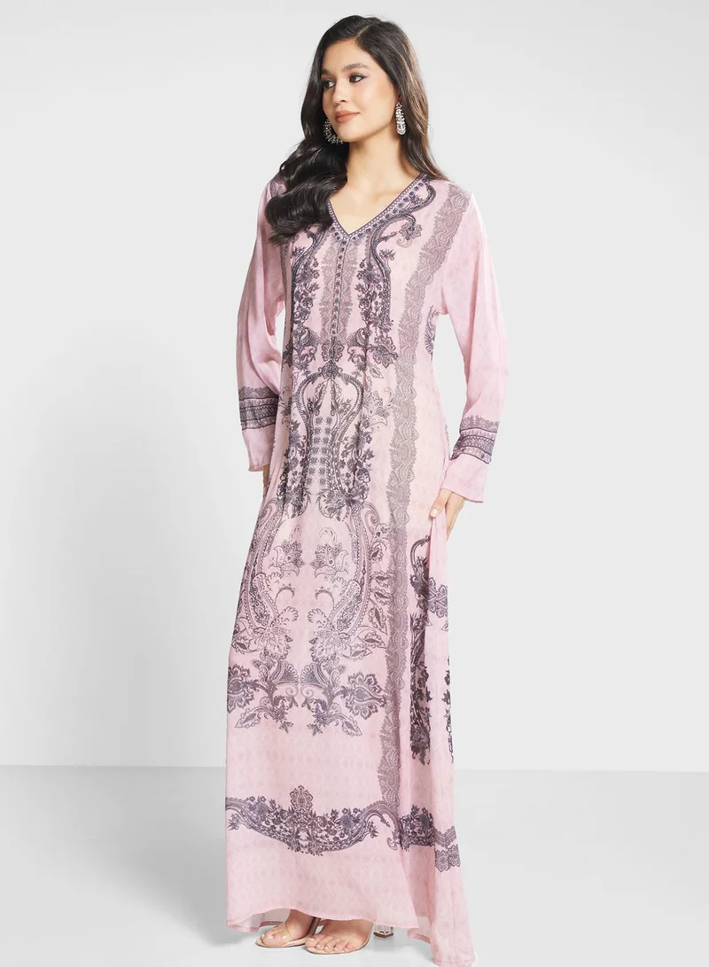Biba V-Neck Floral Printed Jalabiya