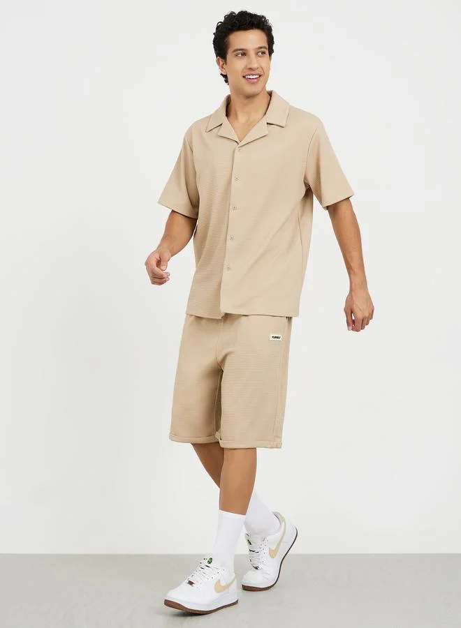 Styli Waffle Knit Oversized Shorts with Turn Up Hem & Badge Detail