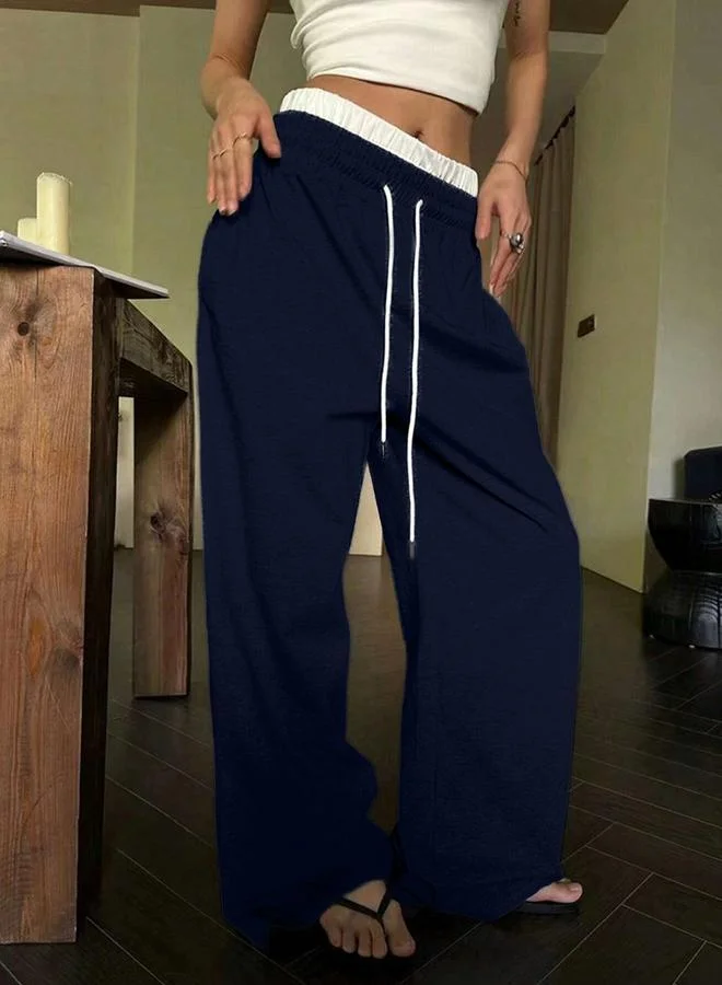 تايك تو Navy Blue Solid Elastic Drawstring Waist Wide Leg Joggers