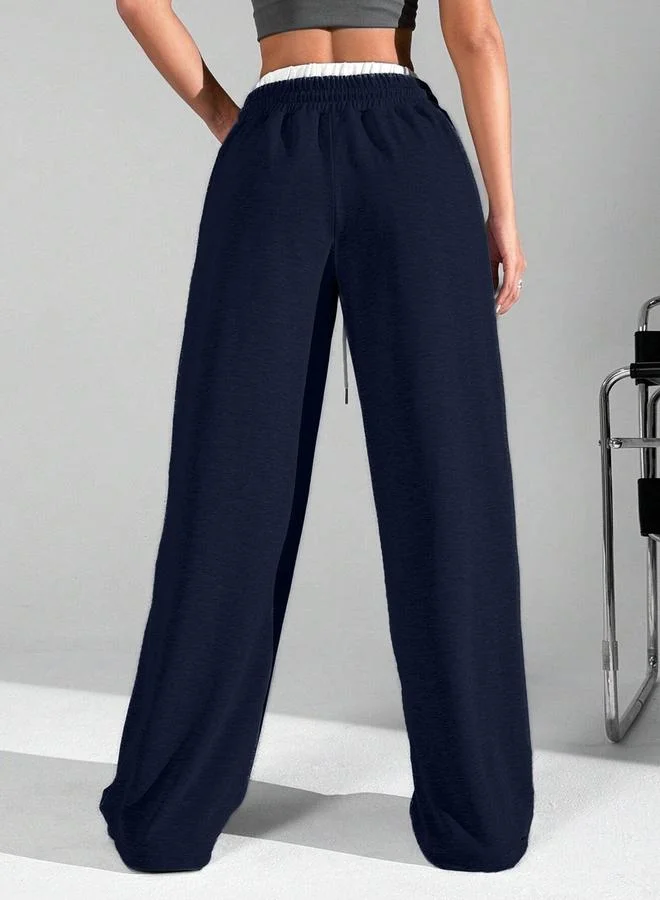 تايك تو Navy Blue Solid Elastic Drawstring Waist Wide Leg Joggers