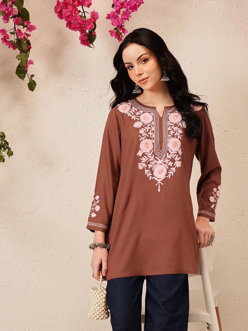 QAZMI Women's Kashmiri A-Line Flared Kurti_2XL Brown - Image 3