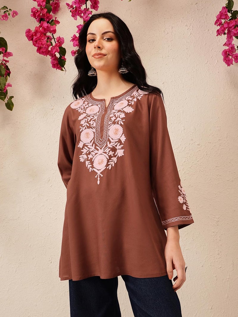 QAZMI Women's Kashmiri A-Line Flared Kurti_2XL Brown - Image 2