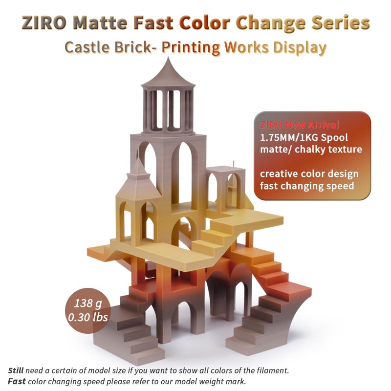 ZIRO PLA Filament 1.75mm, Matte Rainbow 3D Printer Filament, Fast Color Gradient Change PLA, Color Change by Length, Fit Most FDM Printers, 1KG Spool, Castle Brick - Image 2