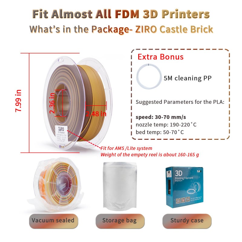 ZIRO PLA Filament 1.75mm, Matte Rainbow 3D Printer Filament, Fast Color Gradient Change PLA, Color Change by Length, Fit Most FDM Printers, 1KG Spool, Castle Brick - Image 5